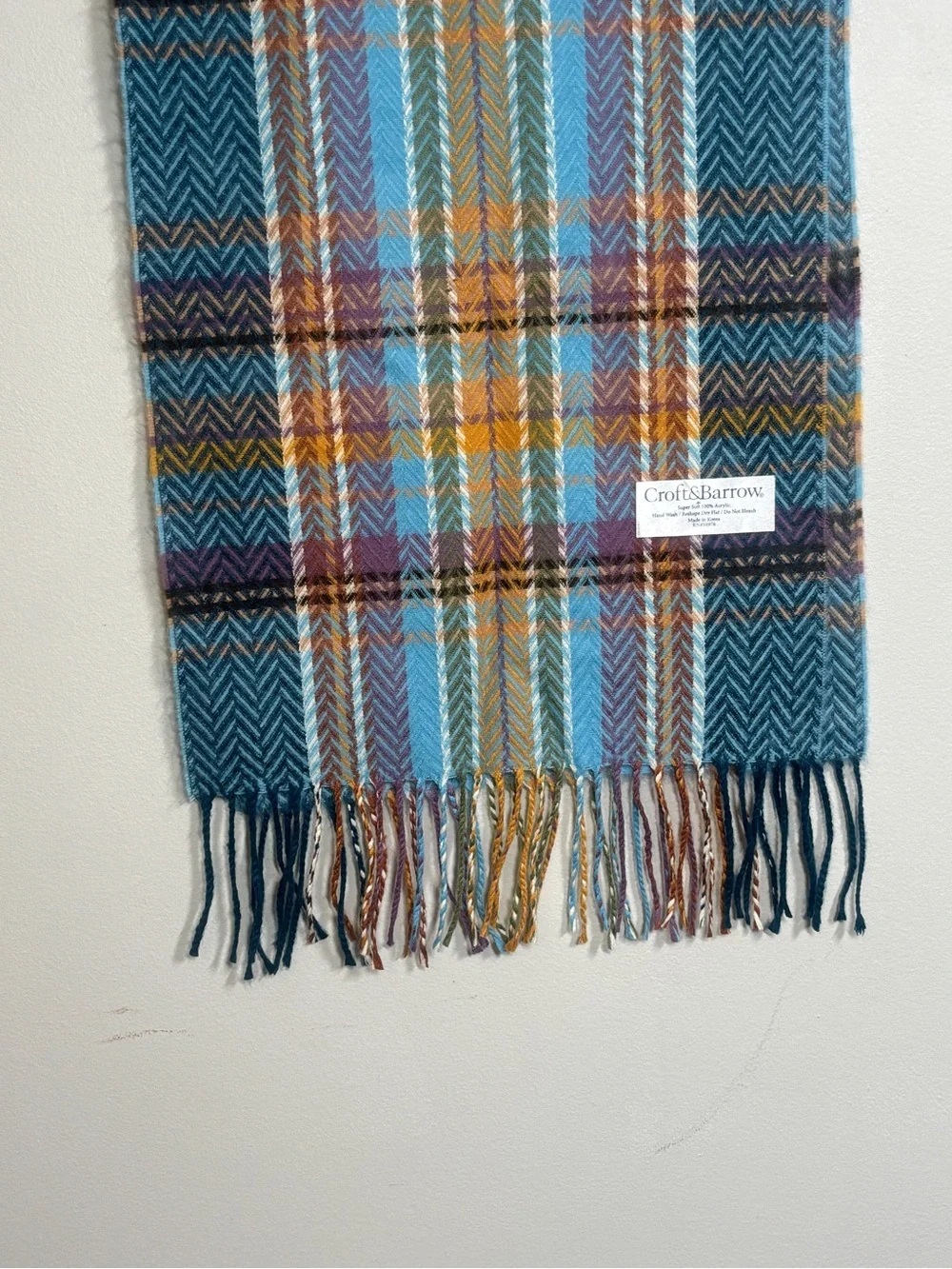 croft & barrow teal, light blue, mustard, purple plaid fringe scarf
